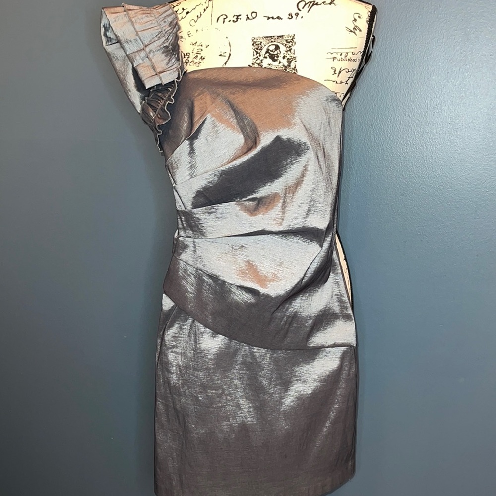 NWOT NBW Gracie Gunmetal Asymmetric strap Ruched waist Dress Size Small